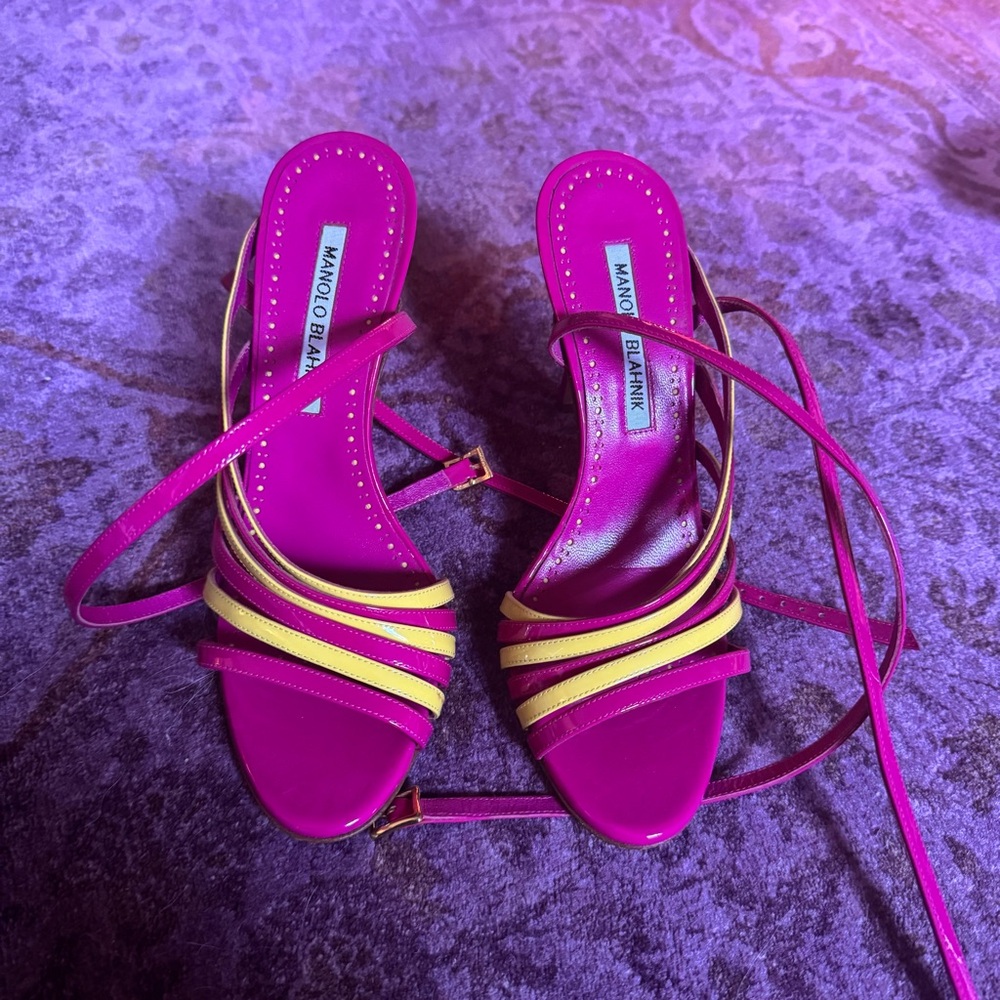 Manolo Blahnik Fuchsia and Yellow Strappy Heels